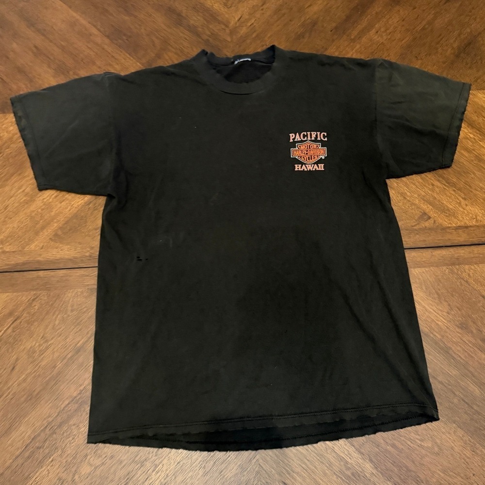 Vintage 1997 Harley Davidson Pacific Hawaii‎ T-Shirt Black Distressed Large